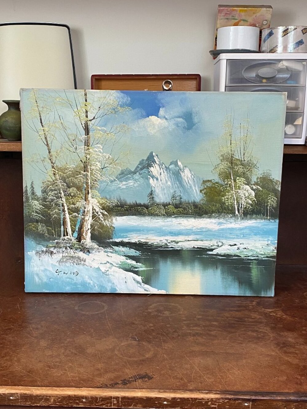 Vintage Mountain Lake Landscape Painting Art Signed G. Wood Canvas